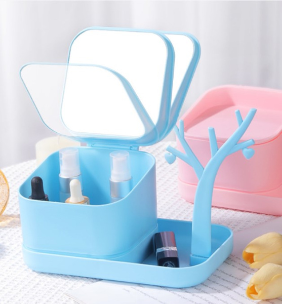 Органайзер для мелочей / косметики 2 в 1 со складным зеркалом и подставкой-деревцем для украшений